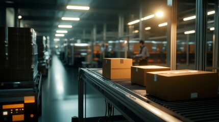 AI-powered robotic system handling packaging line in warehouse, advanced sensors,