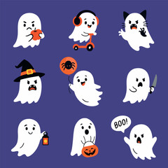 Cute and Scary Halloween set, a collection of funny and spooky cartoon ghosts with Halloween props and expressions on a purple background. Perfect for festive design, kids decor, and seasonal graphics © Olena