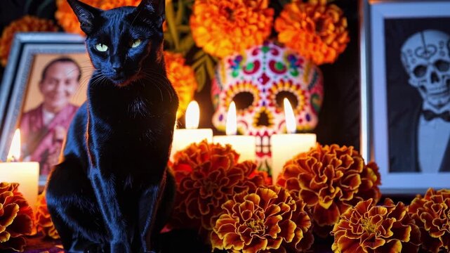 A black cat sitting beside a beautifully decorated home altar for the Day of the Dead. The ofrenda is adorned with candles, marigold flowers, sugar skulls, and framed photos of ancestors.
