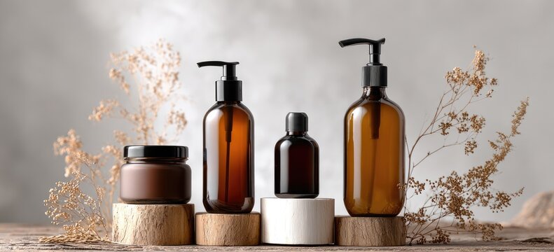 Amber glass bottles and jar of skincare products displayed on wooden and white platforms, accented by dried floral arrangements against a neutral backdrop - Powered by Adobe