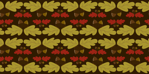 Seamless vector botanical pattern featuring symmetrical clusters of green and red oak leaves with acorns on a dark brown background. Ideal for classic autumn designs and textiles.