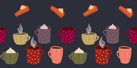 Seamless striped pattern combining pumpkin pie slices and assorted cozy cartoon mugs on a dark blue background. Ideal for festive autumn and holiday decor.