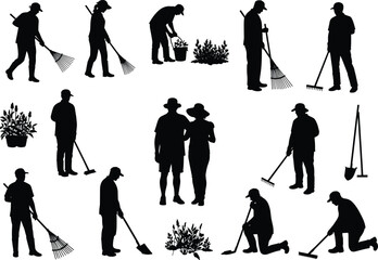 Obraz premium Silhouette of people gardening with rakes, shovels, and plants, including couple and workers in various garden maintenance activities vector