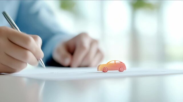 Close-up of a hand signing documents next to a bright car icon. Symbol of a deal, rent, purchase, insurance or leasing of a car. Modern office, light background, there is free space.