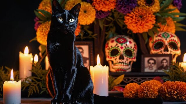 A black cat sitting beside a beautifully decorated home altar for the Day of the Dead. The ofrenda is adorned with candles, marigold flowers, sugar skulls, and framed photos of ancestors.
