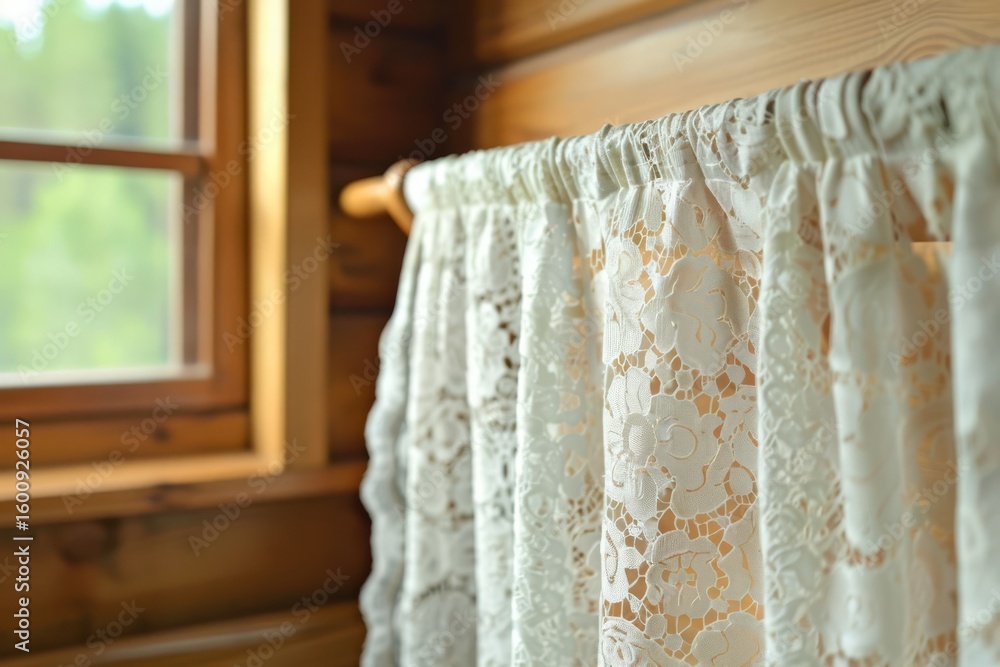 Poster delicate lace curtains gently drape over a wooden window, creating a serene and inviting atmosphere 