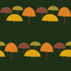 Seamless horizontal border pattern of whimsical autumn umbrellas in brown, orange, and yellow with various designs, on a dark green background. Ideal for fall weather themes and decorative trims.