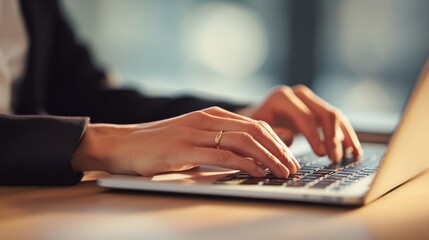 businesswoman's hands typing on a laptop computer keyboard in an office setting
