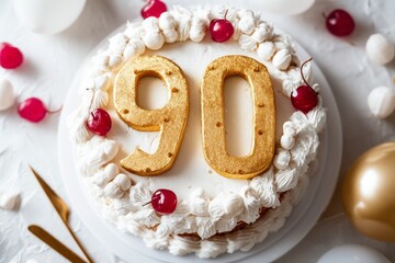 Birthday cake with golden numbers 90 and cherries for a significant birthday event in an elegant setting