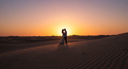 Romantic silhouette of a newlywed couple embracing on a vast sand dune during a beautiful golden sunset.