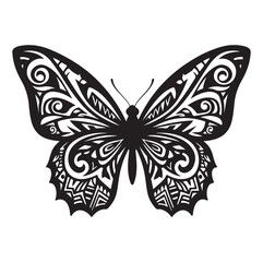 Ornamental Tribal Butterfly Vector | Black Silhouette on White Background, AI generator