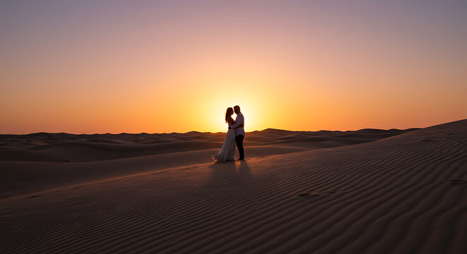 Romantic silhouette of a newlywed couple embracing on a vast sand dune during a beautiful golden sunset.