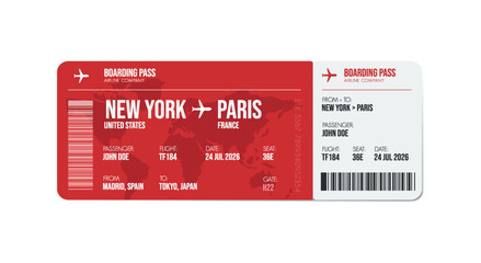 Airline ticket design. Airplane boarding pass with passenger name and destination. Travel, trip or business trip concept.