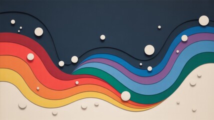 Abstract layered waves in vibrant rainbow colors with white circles scattered, set against a dark and light contrasting background.