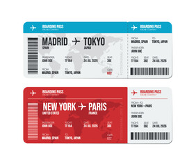 Airline ticket design. Airplane boarding pass with passenger name and destination. Travel, trip or business trip concept.