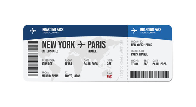 Airline ticket design. Airplane boarding pass with passenger name and destination. Travel, trip or business trip concept.