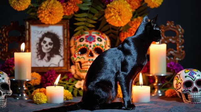 A black cat sitting beside a beautifully decorated home altar for the Day of the Dead. The ofrenda is adorned with candles, marigold flowers, sugar skulls, and framed photos of ancestors.