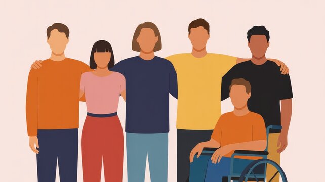 A diverse group of five people, one in a wheelchair, standing together with arms around each other, symbolizing unity and inclusion.