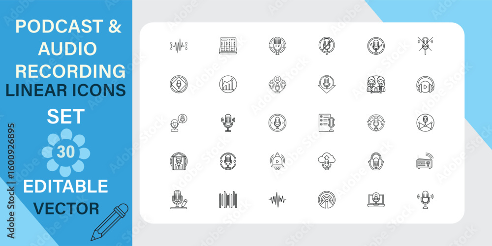 Poster podcast and audio recording linear icons set editable vector
