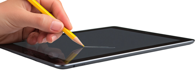 Hand using pencil on tablet screen