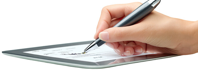 Hand signing a document on a tablet