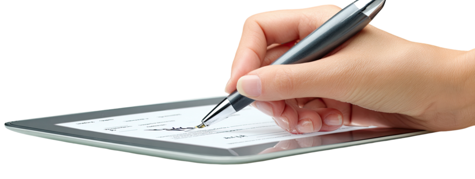 Hand signing a document on a tablet