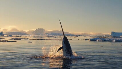 Narwhal jumping in arctic sea at sunset with icebergs in background