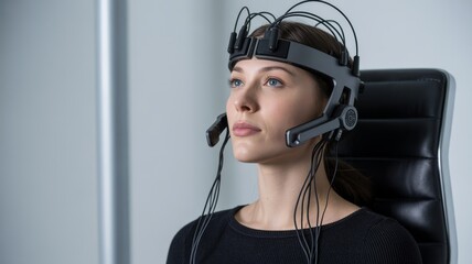 A woman wears a futuristic EEG headset, likely monitoring brain activity, while sitting in a modern chair against a neutral background.