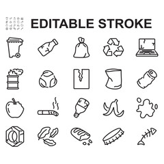 A collection of trash icons. Line style vectors. Contains icons such as trash can, plastic waste, recycling, and more.
