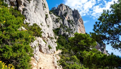 Hiking trail winds through rocky mountainside