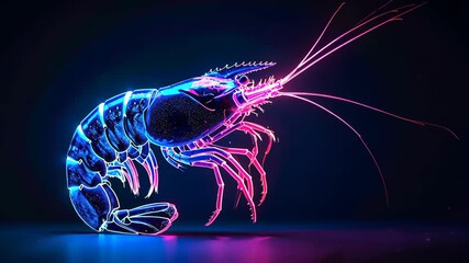 Neon shrimp glowing with blue and pink lights creates a vibrant, futuristic seafood concept.