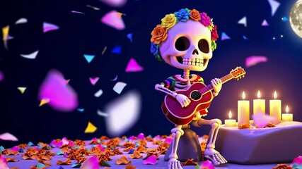 Animated Day of the Dead scene featuring a cute skeleton child with a flower crown, face painted in traditional Mexican style, playing a guitar at night surrounded by glowing candles