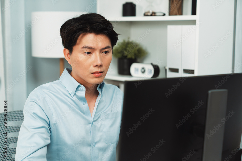 Poster serious smart businessman working on computer to check email with business project report, analyzing