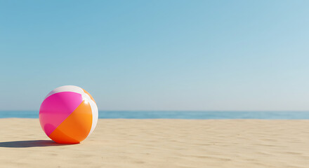 Obraz premium A colorful beach ball rests on the sandy shore, under a clear sky, promising fun and relaxation.