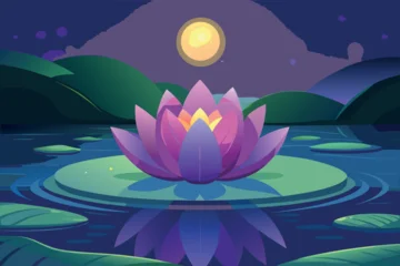 Tableau sur plexiglas Salle de bain Colorful lotus flower blooms on a tranquil lake under a bright moonlit sky at night in a serene landscape setting  © Tanu