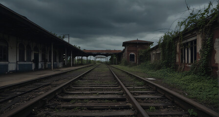 Obraz premium abandoned railway station under dark overcast sky