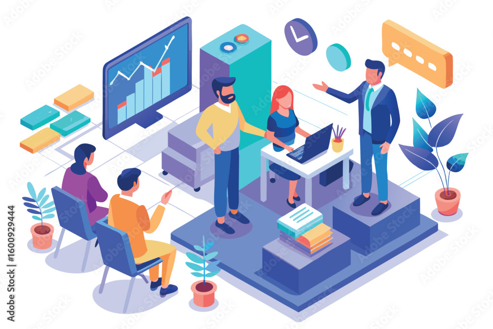 Poster business team discussing data analysis in a modern office space during daytime with digital charts a
