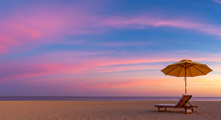 A lounge chair and umbrella are at the beach with a sunset sky in the background for relaxing.