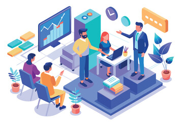 Business team discussing data analysis in a modern office space during daytime with digital charts and presentations