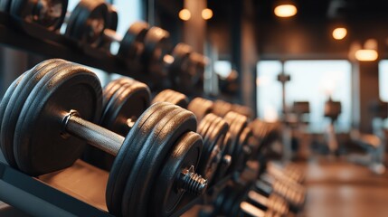 Fototapeta premium Gym interior background of dumbbells on rack in fitness and workout room.