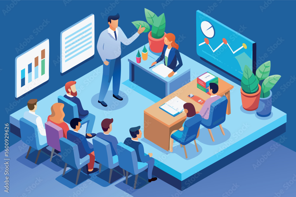 Poster business meeting with team members discussing project updates in a modern office setting during dayt