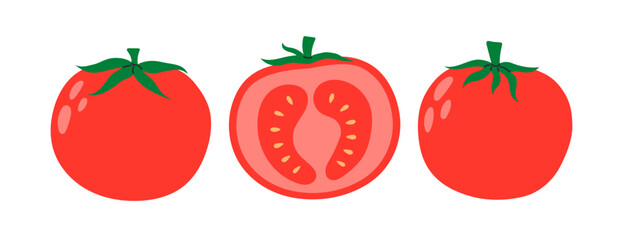 Tomato set. Vegetable icon. Healthy vegetarian food. Hand drawn flat vector illustration isolated on white background