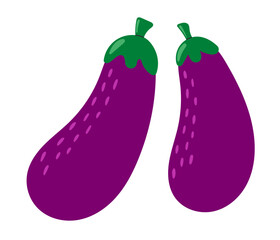 Eggplant. Fresh aubergine. Vegetable icon. Healthy vegetarian food. Hand drawn flat vector illustration isolated on white background