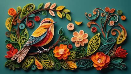 Colorful bird on a blooming branch created with an intricate paper quilling technique, a decorative nature illustration.