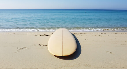 Surfboard resting on a sandy beach with calm turquoise ocean waters and a clear blue sky background.