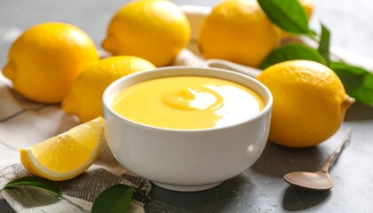 Lemon curd in a bowl, surrounded by lemons