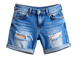 Floating Distressed Denim Shorts with Torn Fabric Details, Angled Side View, Transparent Background