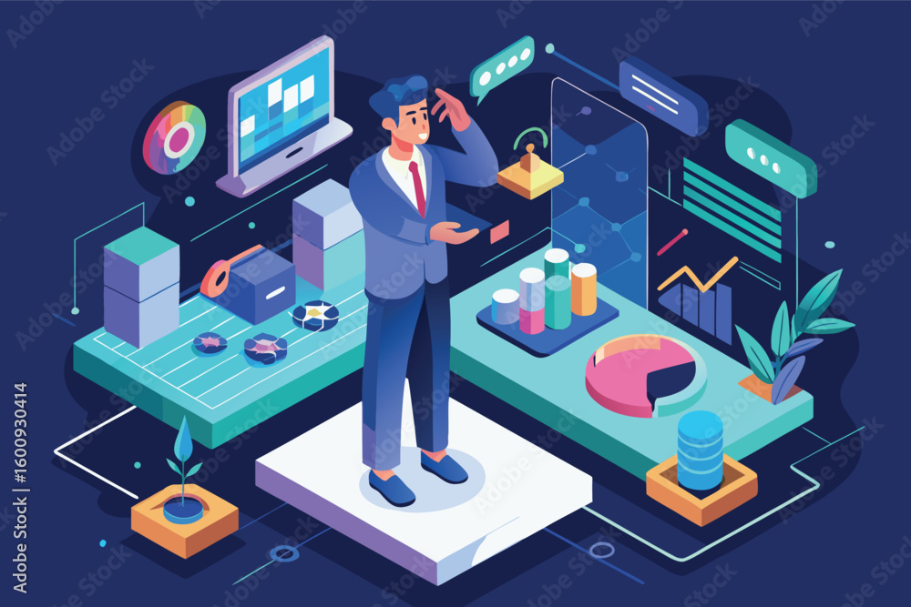 Poster business professional analyzing data and trends in a modern digital workspace during a corporate str