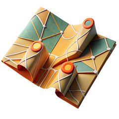 3D Folded Map with Markings and Detailed Navigation on transparent background