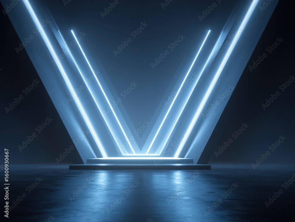 Poster a blue, glowing neon arrow points down to the center of an empty, dark room with geometric shapes an